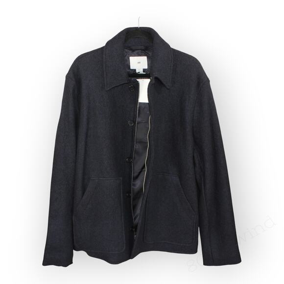 Large H&M Felted Wool-Blend Jacket NavyBlue FullZip ButtonFront Pockets Chore - Picture 6 of 16